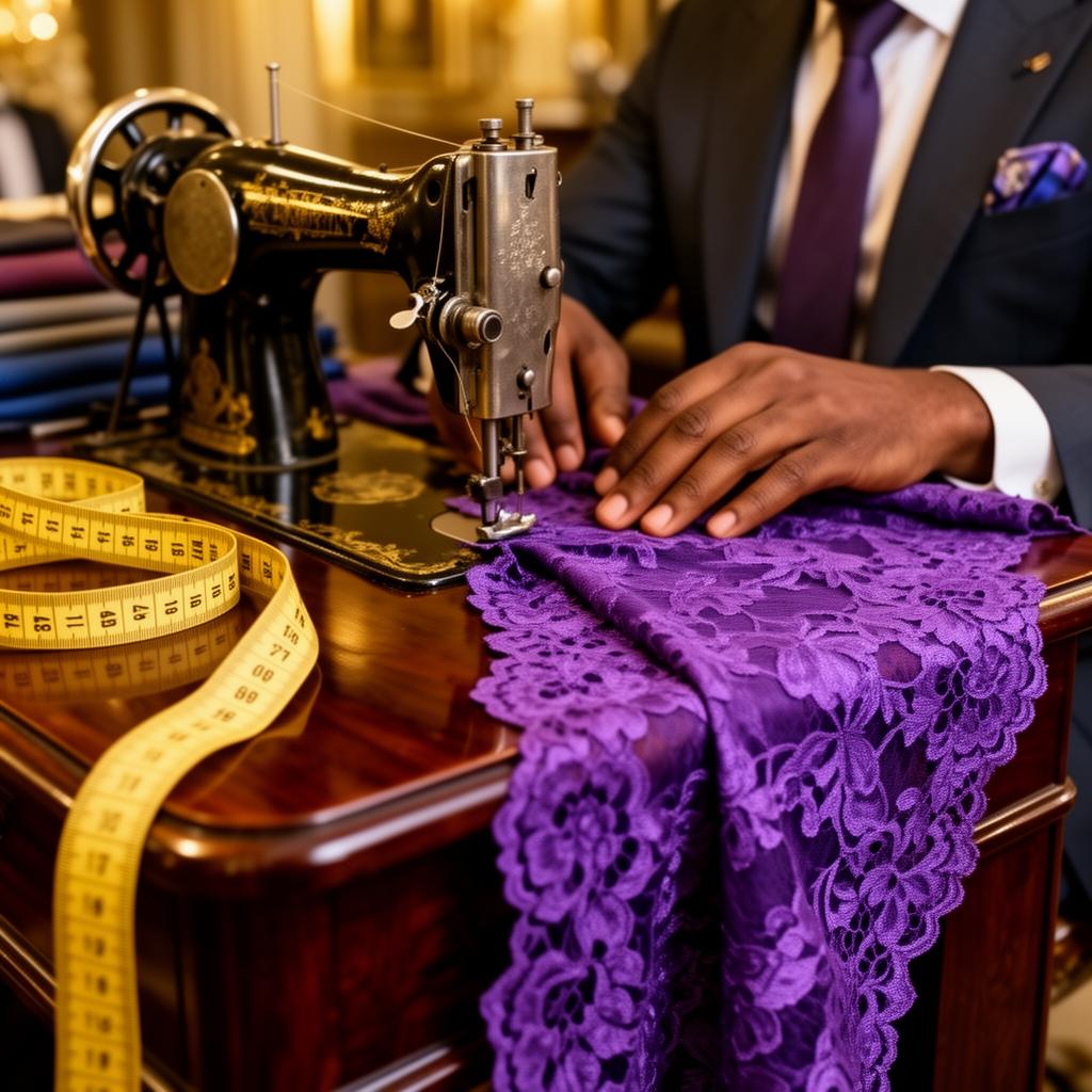 Master tailor sewing royal purple lace fabric in a luxury atelier