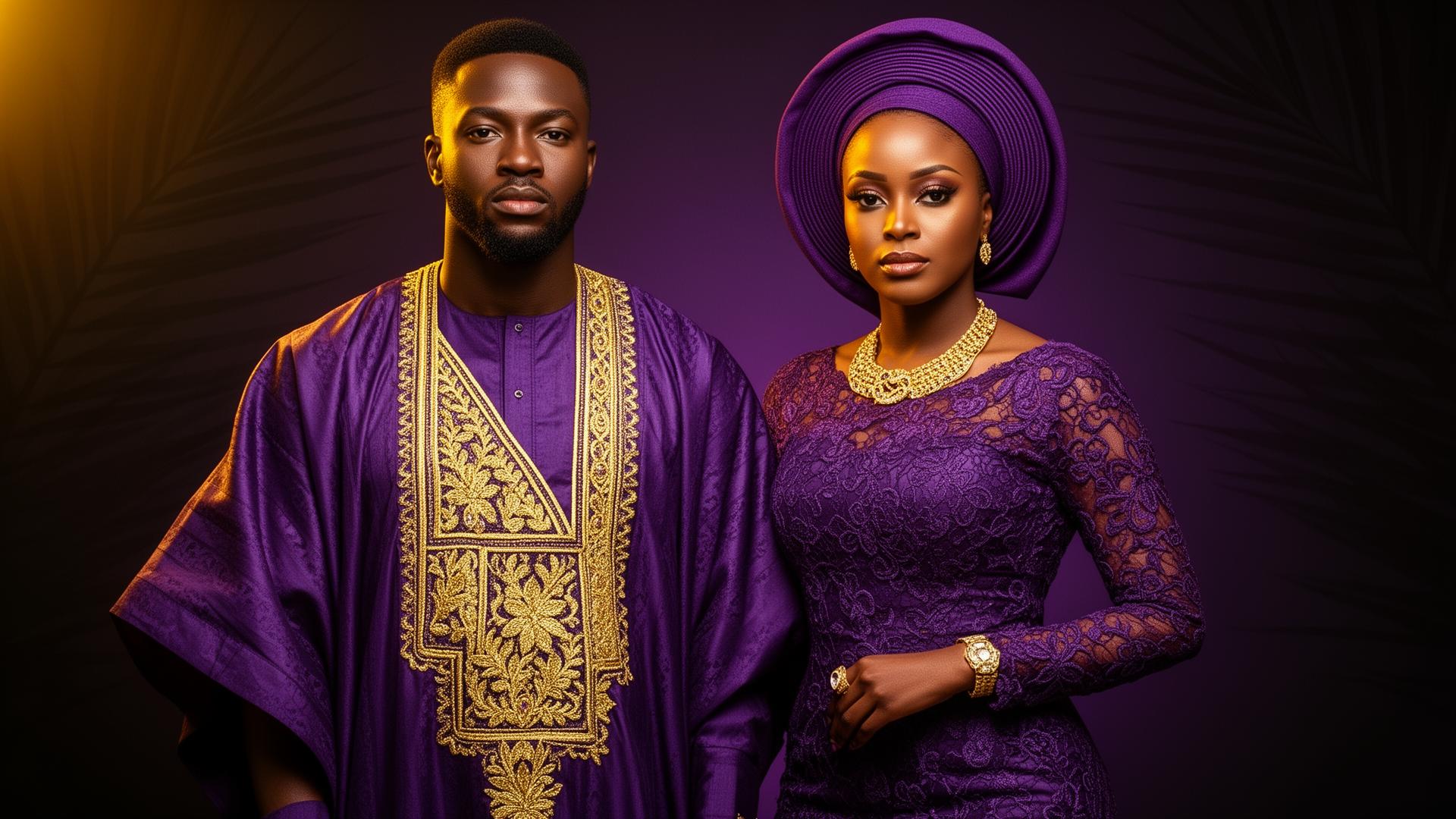 Nigerian couple in royal purple and gold traditional attire